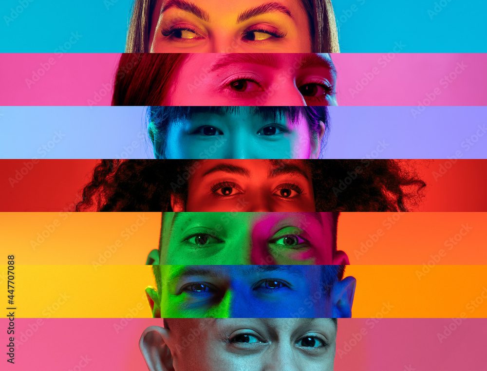 Collage of close-up male and female eyes isolated on colored neon backgorund. Multicolored stripes. Concept of equality, unification of all nations, ages and interests