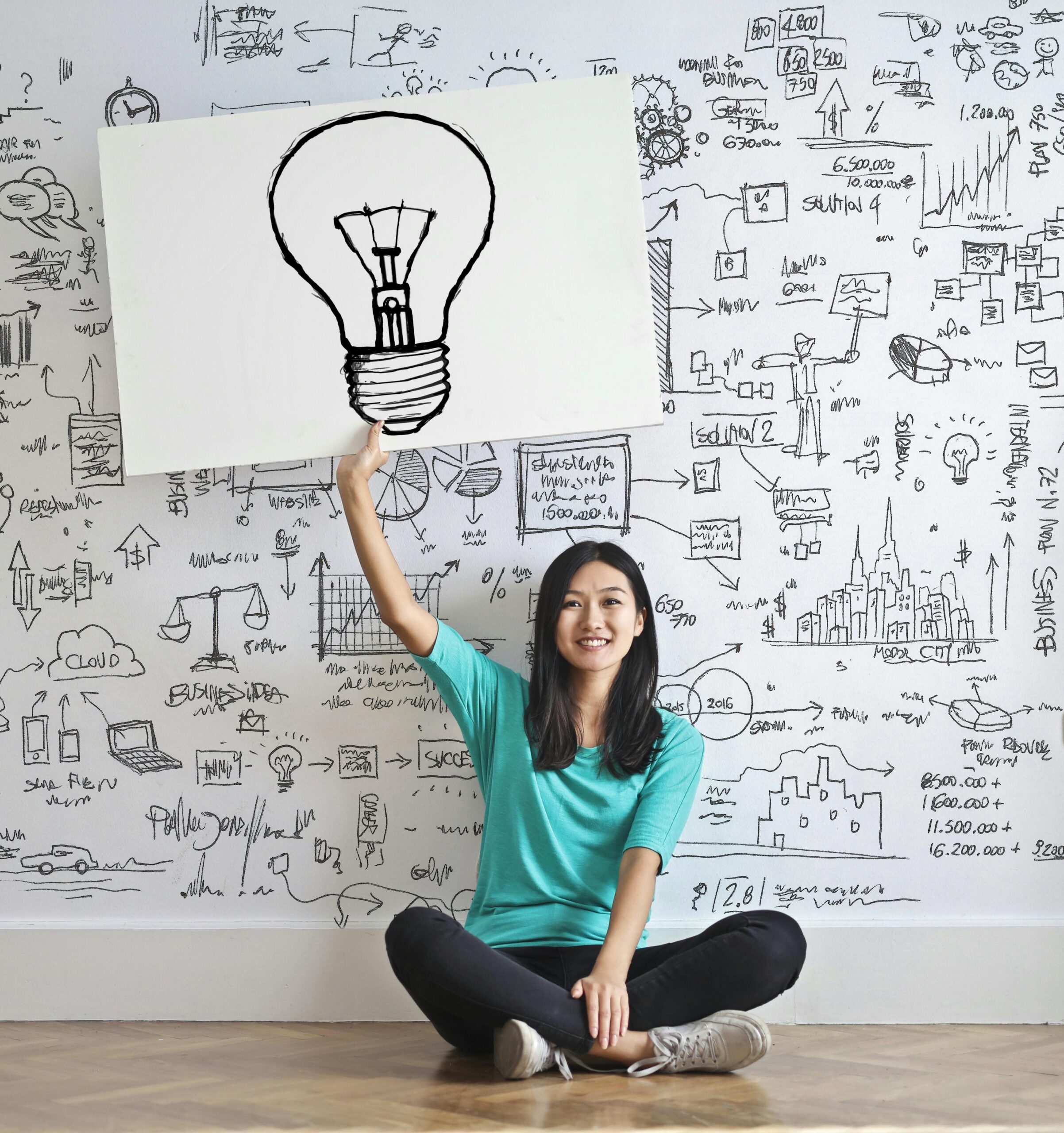 Woman Draw a Light bulb in White Board