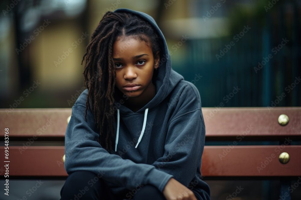 Young teen girl feeling lonely and sad on a street